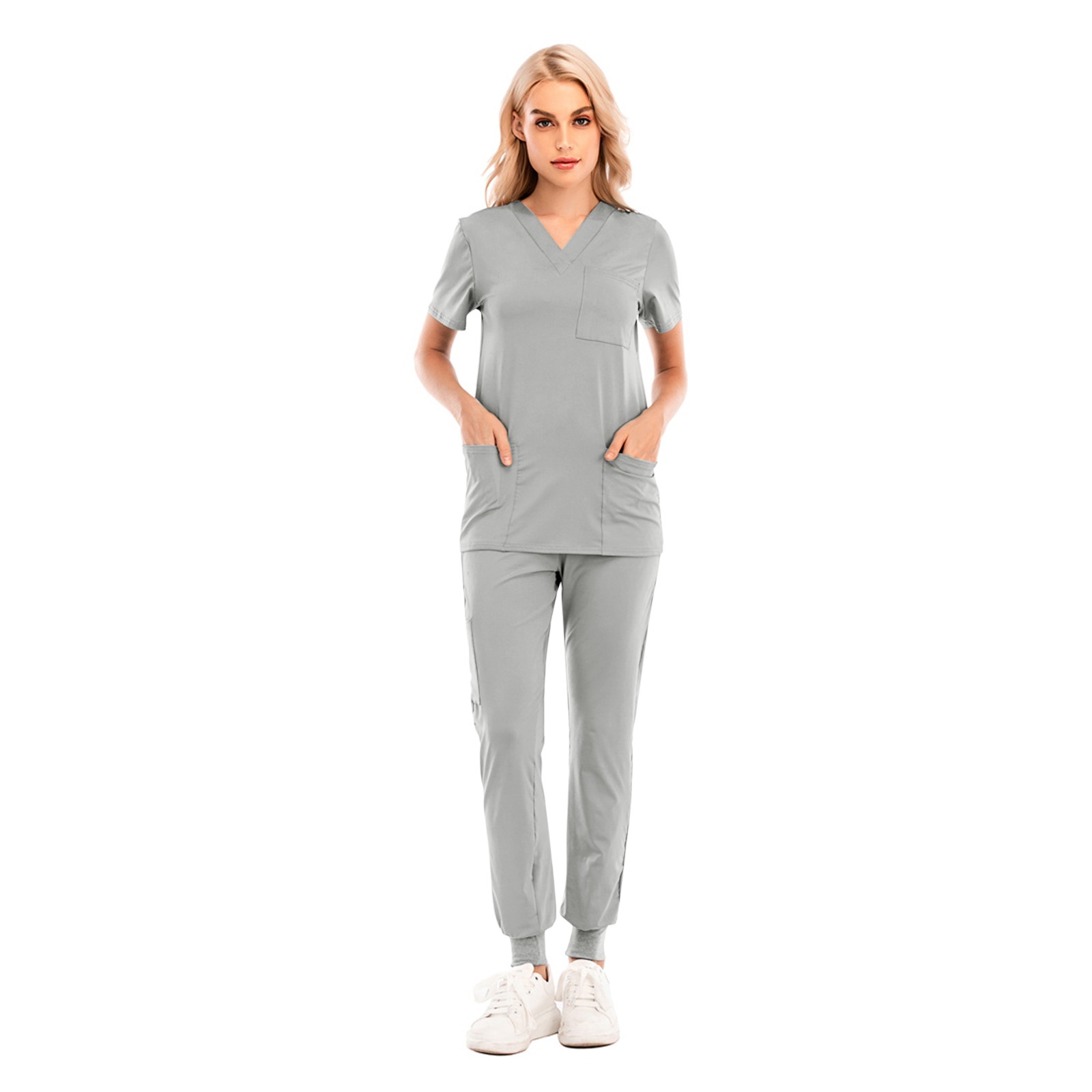 thumbnail image 1 of Conjunto de uniforme de enfermería de 2 piezas para mujer: top de manga corta con cuello en V + pantalones, poliéster, con bolsillo, verde/morado/blanco, tallas S-XXL, tallas asiáticas, 1 of 8